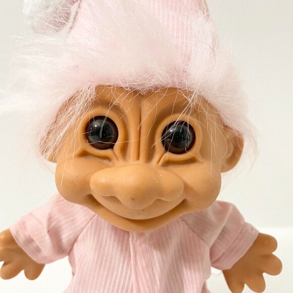 Vtg Russ Bedtime Sleepy Troll Doll Pajamas Pink Stripe Nightcap 8 Inch Tall - Picture 2 of 16